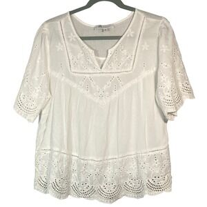 Fever White Embroidered Eyelet V-Neck Short Sleeve Blouse Top Size XL